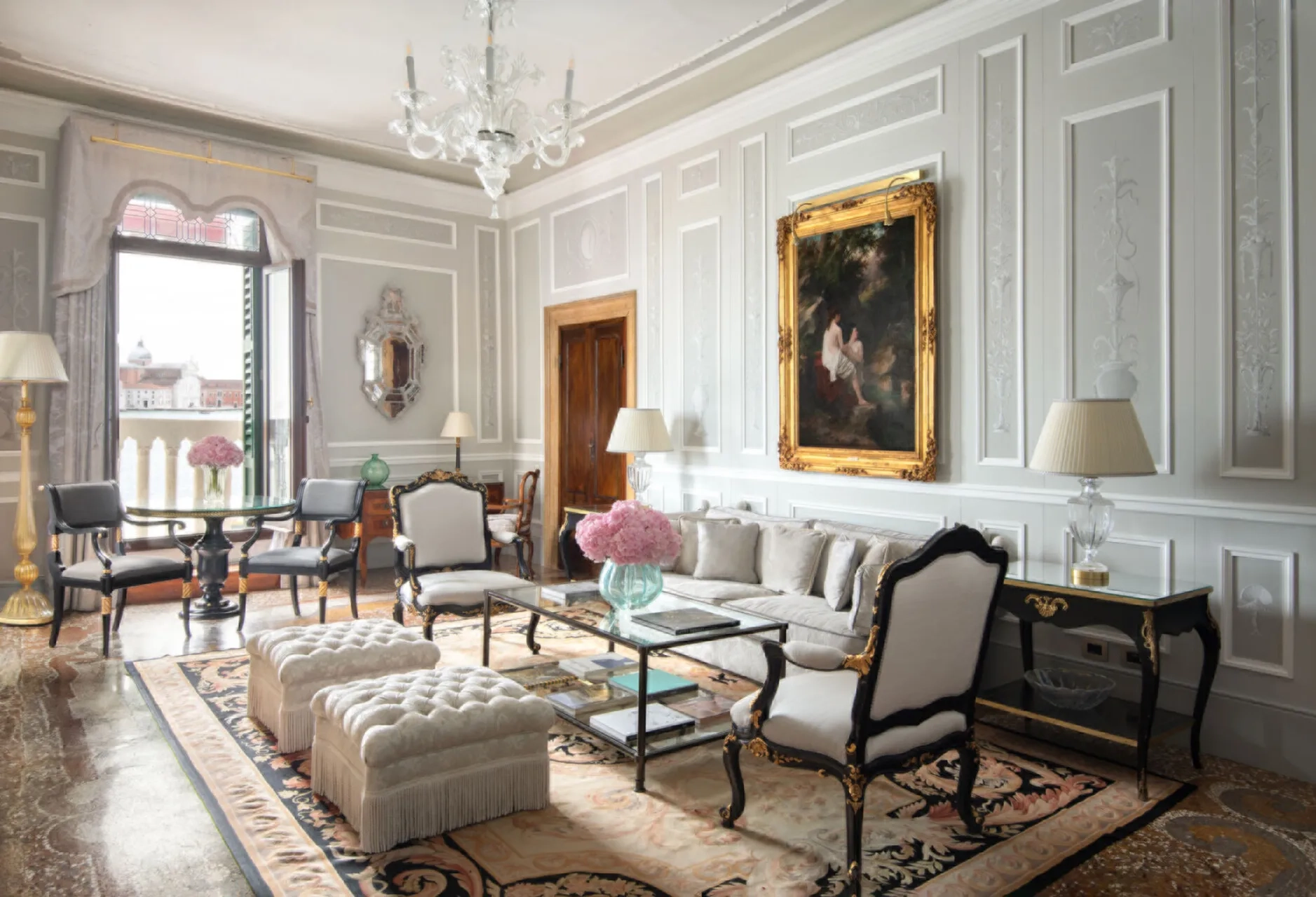 The high-ceilinged Princess Suite at the Danieli Venice, a Four Seasons Hotel with its period furniture